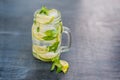 Glass of mojito with lime and mint ice cube close-up on dark wood background Royalty Free Stock Photo