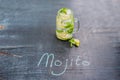 Glass of mojito with lime and mint ice cube close-up on dark wood background Royalty Free Stock Photo