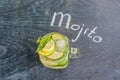 Glass of mojito with lime and mint ice cube close-up on dark wood background Royalty Free Stock Photo