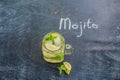 Glass of mojito with lime and mint ice cube close-up on dark wood background Royalty Free Stock Photo