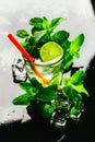 Glass of mojito with lime and mint ice cube close-up red straw Royalty Free Stock Photo