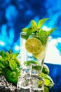 Glass of mojito with lime and mint ice cube close-up red straw on blue background Royalty Free Stock Photo