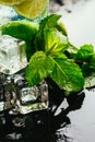 Glass of mojito with lime and mint ice cube close-up red straw on dark background Royalty Free Stock Photo