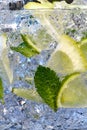 Glass of Mojito summer alcoholic cocktail with ice cubes mint and lime on white background with raw lime and mint leaf Royalty Free Stock Photo