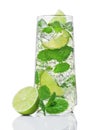 Glass of Mojito summer alcoholic cocktail with ice cubes mint and lime on white with raw lime and mint leaf Royalty Free Stock Photo