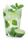 Glass of Mojito summer alcoholic cocktail with ice cubes mint and lime on white with raw lime and mint leaf Royalty Free Stock Photo