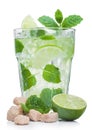 Glass of Mojito summer alcoholic cocktail with ice cubes mint and lime on white with raw lime, mint leaf and cane sugar Royalty Free Stock Photo