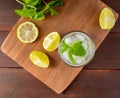 Glass with mojitos and lemon wedges and mint on a tray Royalty Free Stock Photo