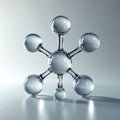 Glass molecular model shows six atoms connected with transparent rods. Spheres demonstrate molecule structure. Scientific Royalty Free Stock Photo