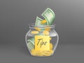 Glass Money Box For Tips Full Of Dollars Cash