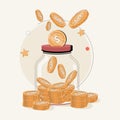 Glass money jar full of gold coins. Saving dollar coin in moneybox. Growth, income, savings, investment, wealth.