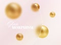 Glass morphism background. Glass banner made of transparent frosted glass with golden spheres on a light background. Royalty Free Stock Photo