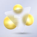 Glass morphism background. Glass triangular banner made of clear frosted glass and gold spheres on a light background.