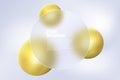 Glass morphism background. Glass round banner made of transparent frosted glass and gold spheres on a light background.