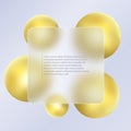 Glass morphism background. Glass square banner made of transparent frosted glass and gold spheres on a light background. Royalty Free Stock Photo