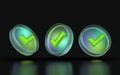 Glass morphism check icon three view angle colorful gradient light