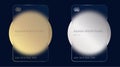 Glass morphism effect. Transparent frosted acrylic bank cards. Gold and silver gradient circles on black blue background