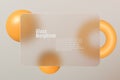 Glass morphism landing page with rectangular glass frame. Illustration with blurry floating orange spheres.