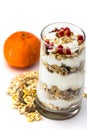 Glass of Muesli with fruits and yogurt