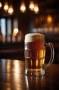 glass mug with beer on the bar counter. Generative AI Royalty Free Stock Photo