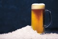 Glass mug of beer in the snow on a dark background. Royalty Free Stock Photo