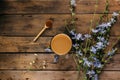 Glass mug with chicory drink on wooden background