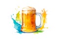 Glass mug filled of golden light beer with overflowing froth heads. Isolated on white background. Watercolor illustration Royalty Free Stock Photo