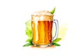 Glass mug filled of golden light beer with overflowing froth heads. Isolated on white background. Watercolor illustration