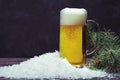 Glass mug of beer in the snow on a dark background. Royalty Free Stock Photo