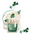 A glass mug of green ale with high foam is entangled with shamrock clover. Beer. Symbol of Ireland. St.Patrick 's
