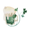 A glass mug of green ale with high foam is entangled with shamrock clover. Beer. Symbol of Ireland. St.Patrick 's Royalty Free Stock Photo