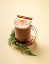 Glass mug of hot chocolate with whipped cream and cinnamon stick on a stand with pine branches on a yellow background