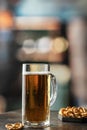 Glass mug of light cold beer with foam with snacks in a pub. Text space Royalty Free Stock Photo