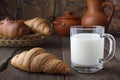 A glass mug with milk and a fresh bun lying on an old table on a background of baking from wheat flour and ceramic dishes. Close-u