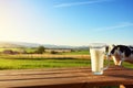 Glass mug with milk on lush green field, cows grazing nearby. Idyllic pastoral scene. Copy space Royalty Free Stock Photo