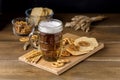 Glass Mug of Tasty Light Beer and Snacks on Wooden Table Pretzel Cracker with Solt Horizontal Copy Sace Royalty Free Stock Photo