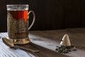 Glass mug and tea strainer Royalty Free Stock Photo