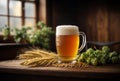 Glass mug of unfiltered beer on table