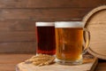 Glass mugs with different types of cold tasty beer Royalty Free Stock Photo