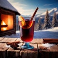 Glass of mulled red wine against snowy winter landscape
