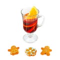 Glass with mulled wine and gingerbread cookies isolated on white background Royalty Free Stock Photo