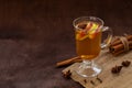 Glass of mulled wine with spices. homemade spice apple cider with fresh apples Royalty Free Stock Photo