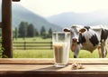 Glass of natural fresh milk on table with cow and green field farm landscape view.Macro.AI Generative Royalty Free Stock Photo