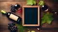 Glass of natural red wine, bottle of red wine and empty blackboard on wooden table Royalty Free Stock Photo