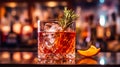 Glass of Negroni cocktail on bar, tasty + close shot + cinematic shot + photo taken by ARRI, photo taken by sony, photo taken by c