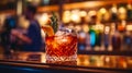 Glass of Negroni cocktail on bar, tasty + close shot + cinematic shot + photo taken by ARRI, photo taken by sony, photo taken by c