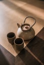 a glass of ocha and a teapot during the day Royalty Free Stock Photo