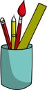 glass with office supplies, pens, brushes in a stand Royalty Free Stock Photo