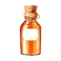 Glass oil bottle, jar with label, cork and decorative jute string. Watercolor illustration. For clip art label