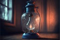 Glass oil lamp, oil lantern, storm lamp with flame, glowing in the dark. Retro futuristic still life, cottagecore aesthetics. AI